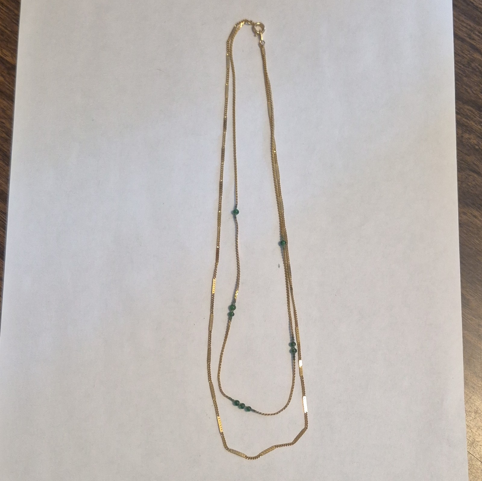 Vintage Tone Double Strand Layered Chain Necklace Green Round Bead Accents
