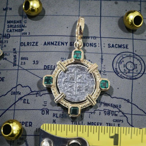 Atocha Silver Coin Pendant 14k Gold Overlay Emerald Cut Topaz Certificate
