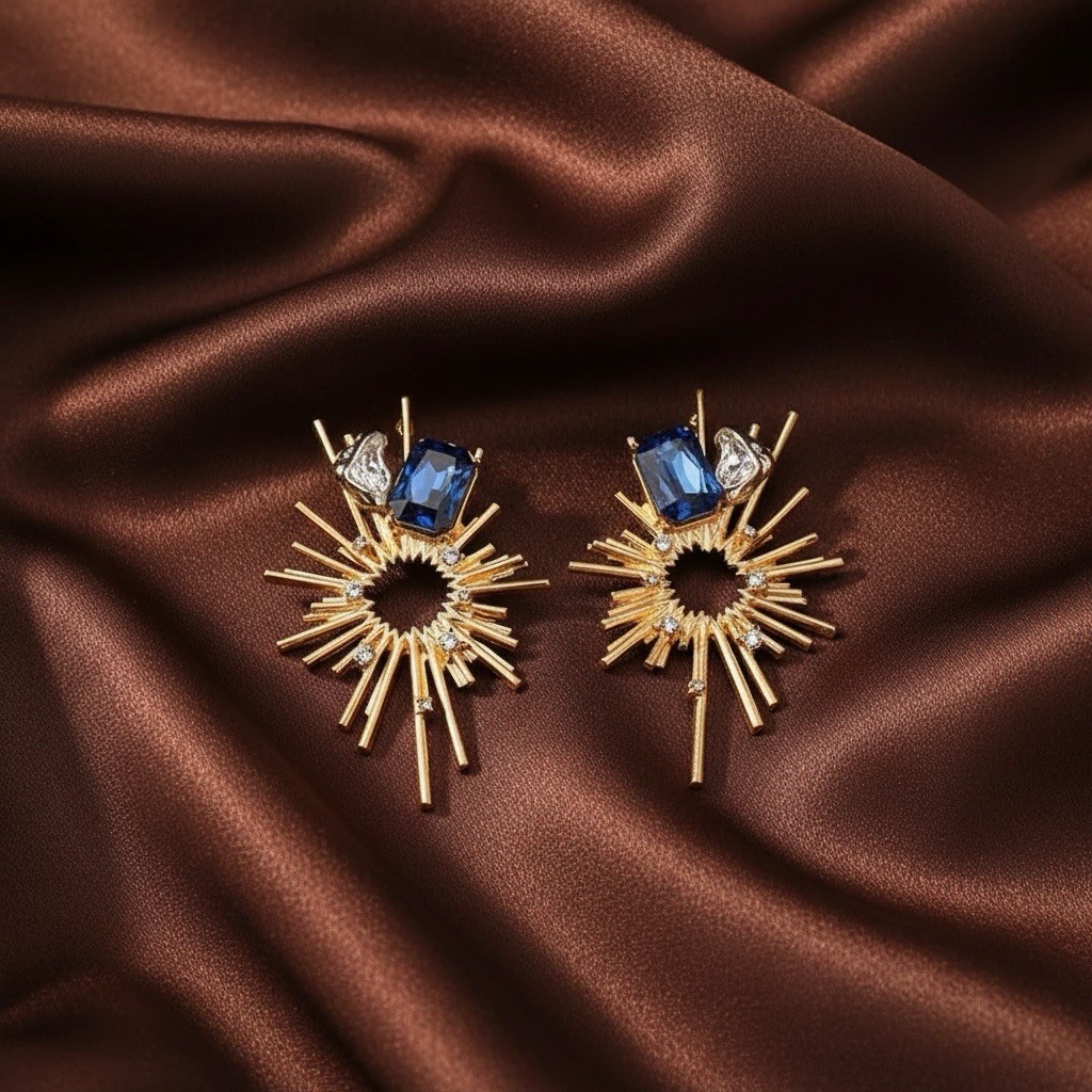Art Deco Sunburst Earrings Gold CZ Star Museum Modern Molten Sun Boho Art Retro