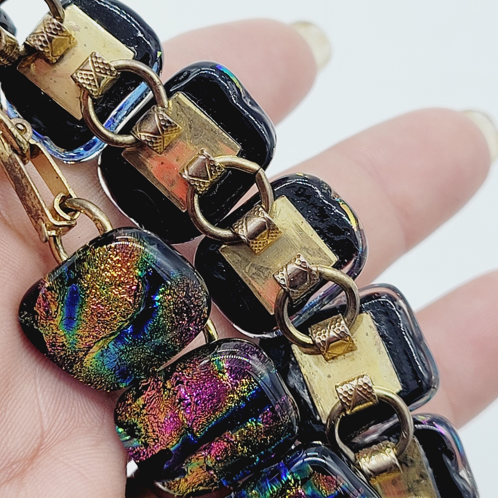 Dichroic Glass 6.25″ Bracelet Statement Unique Black Pink Blue Purple Gold