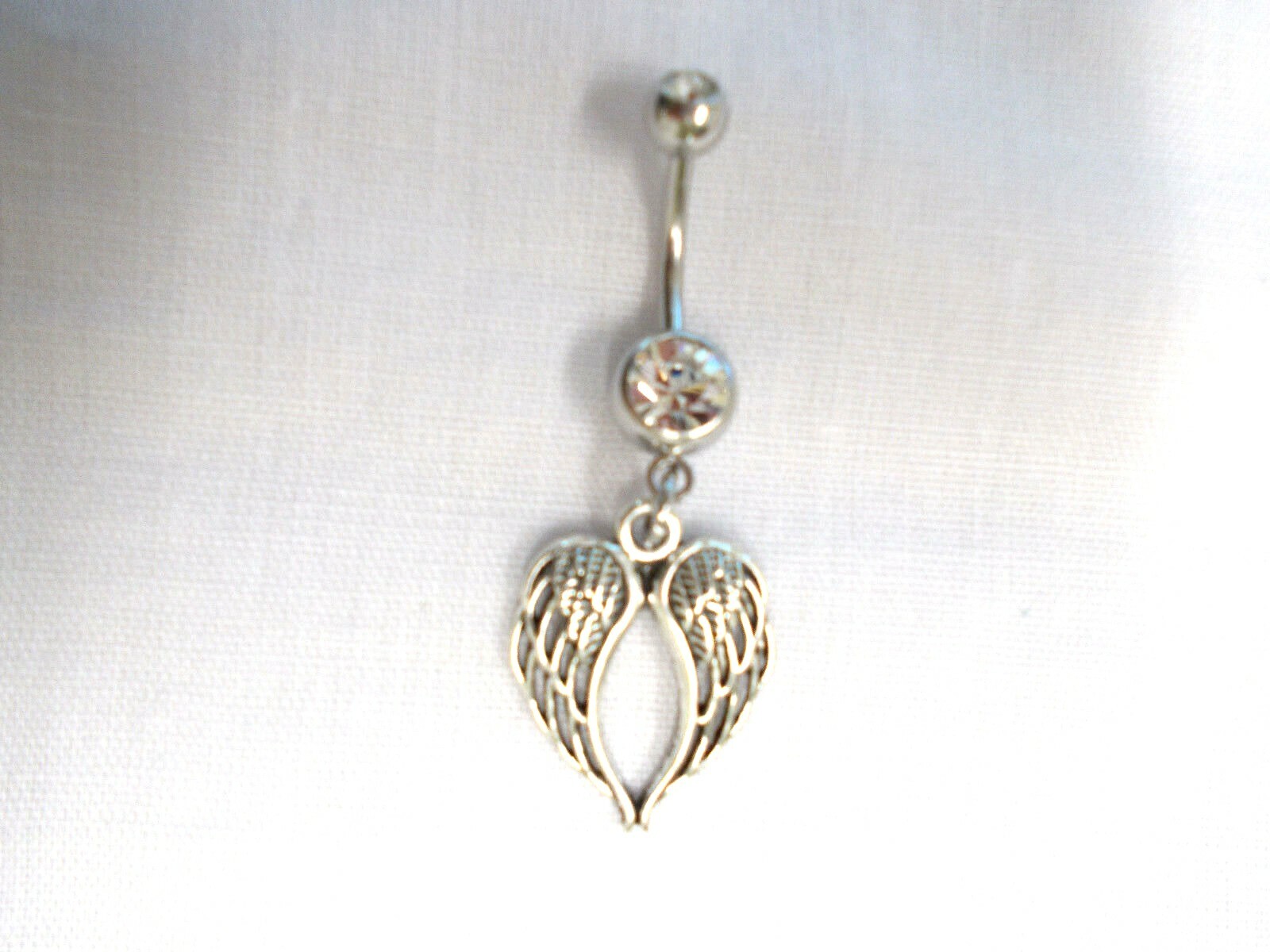 ANGEL WINGS HEART SHAPE SILVER ALLOY CHARM ON 14G CLEAR CZ BELLY RING BARBELL
