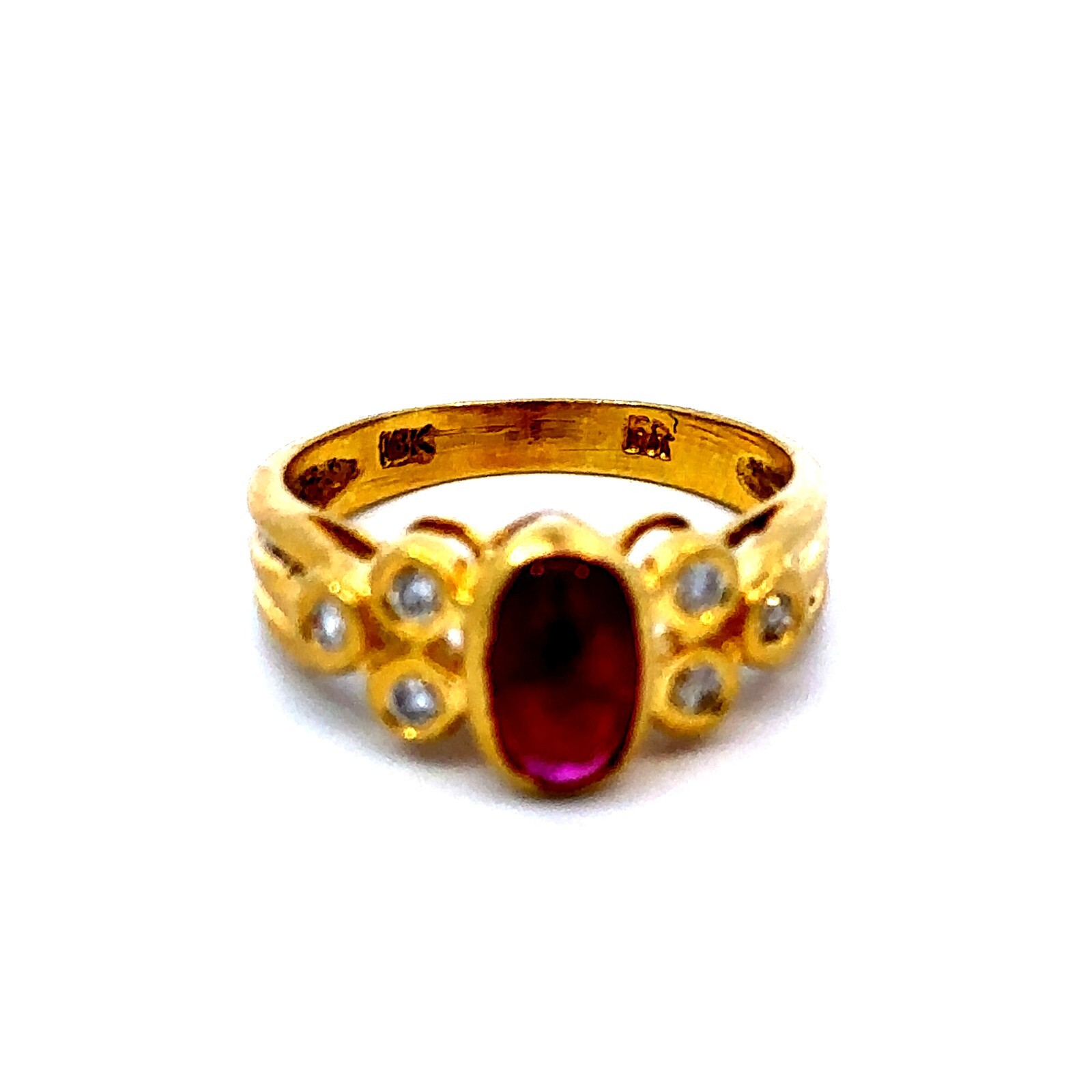 18K Yellow Gold Cabochon Ruby and Round Diamond Ring Size 6