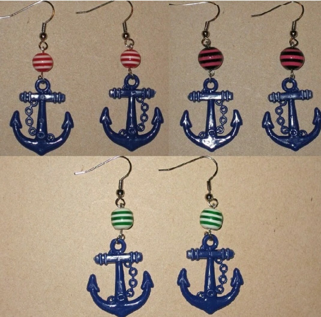 BLUE Anchor Sailor Striped Nautical Rockabilly Retro Earrings Mod Resort Yacht