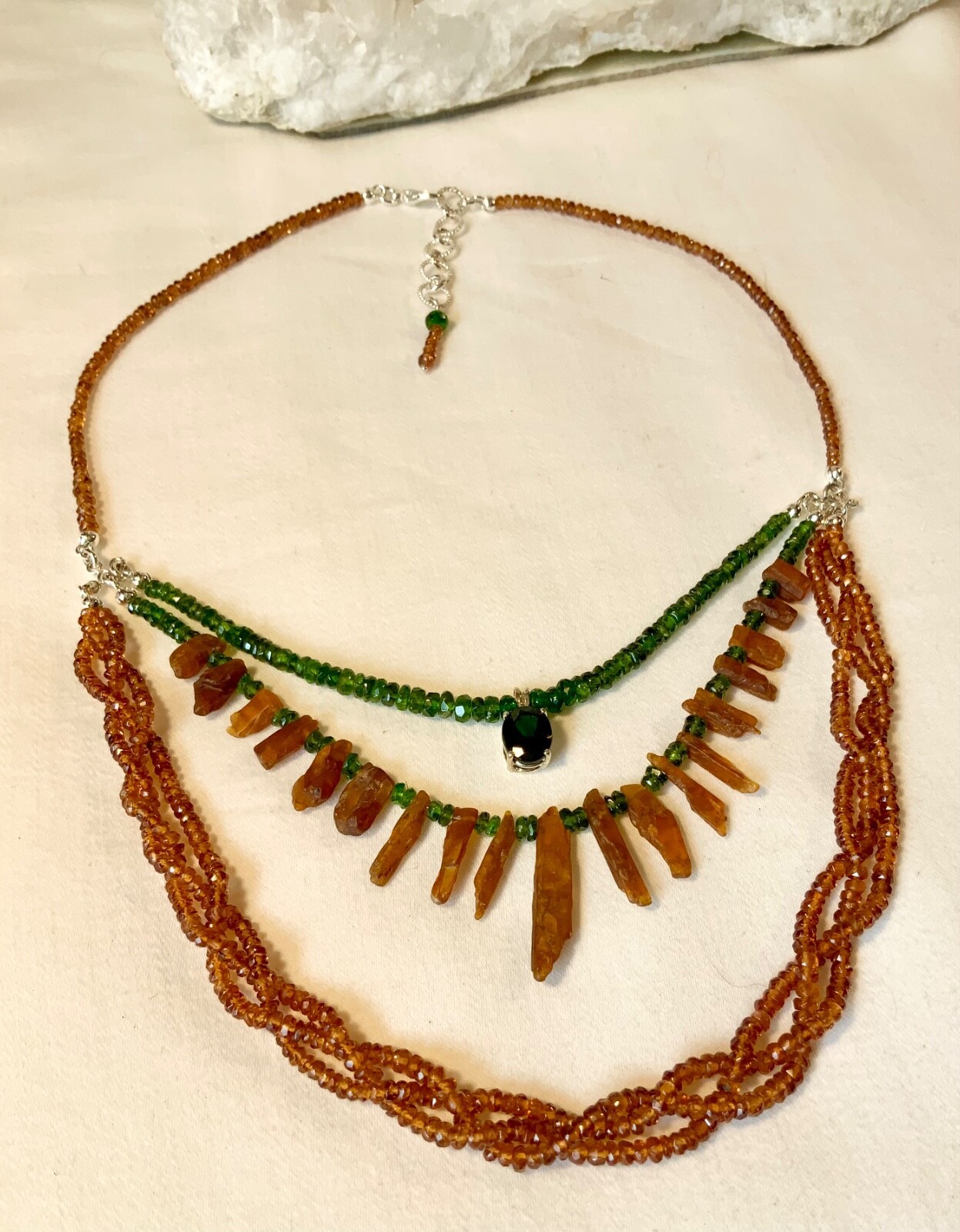 SS .925 SPESSARTINE KYANITE CHROME DIOPSIDE 3 STRAND NECKLACE EARRINGS