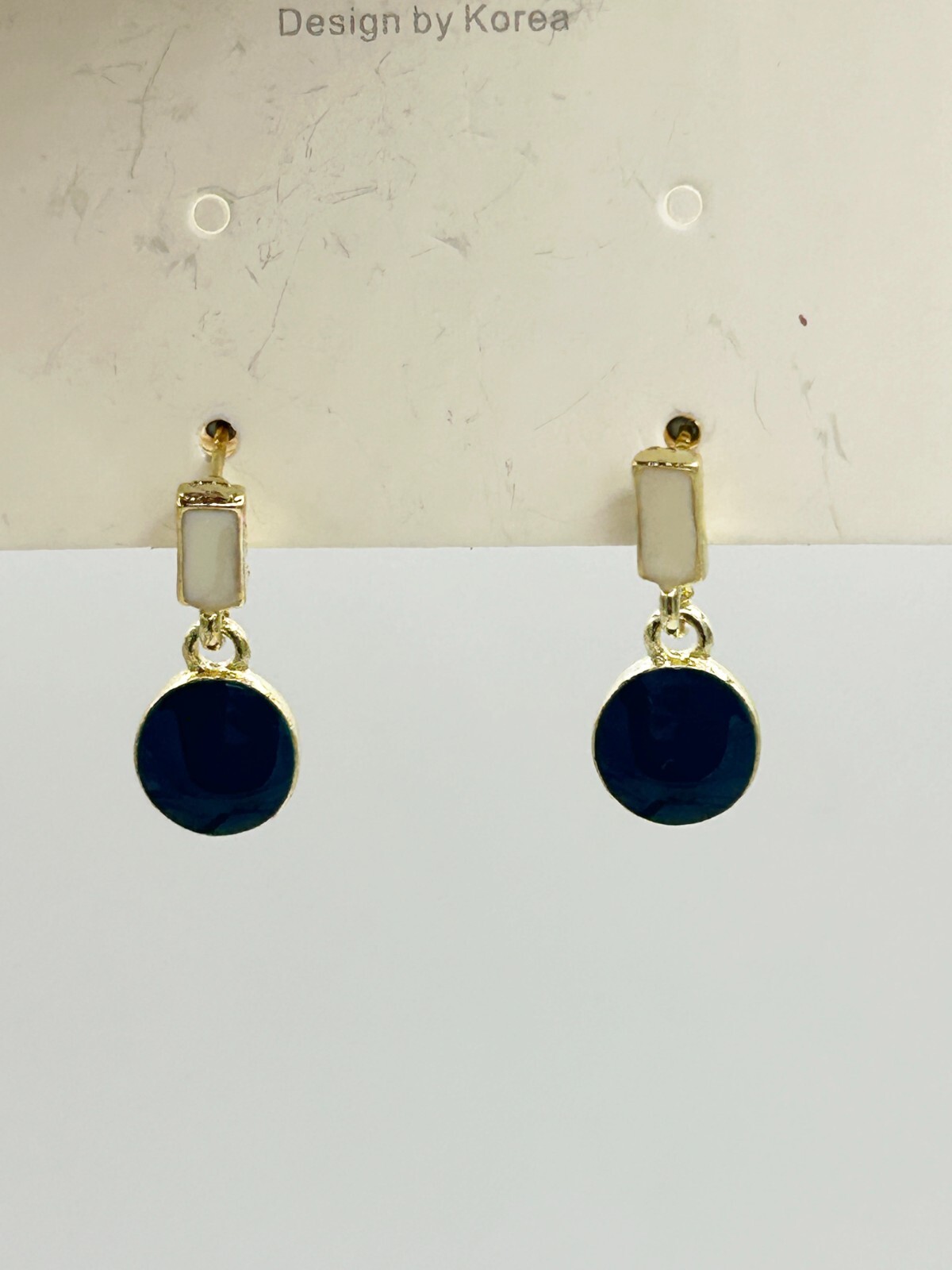 Enamel Pendant Earrings Contrast Color Blue/White/Gold, 1.75-Inch Drop