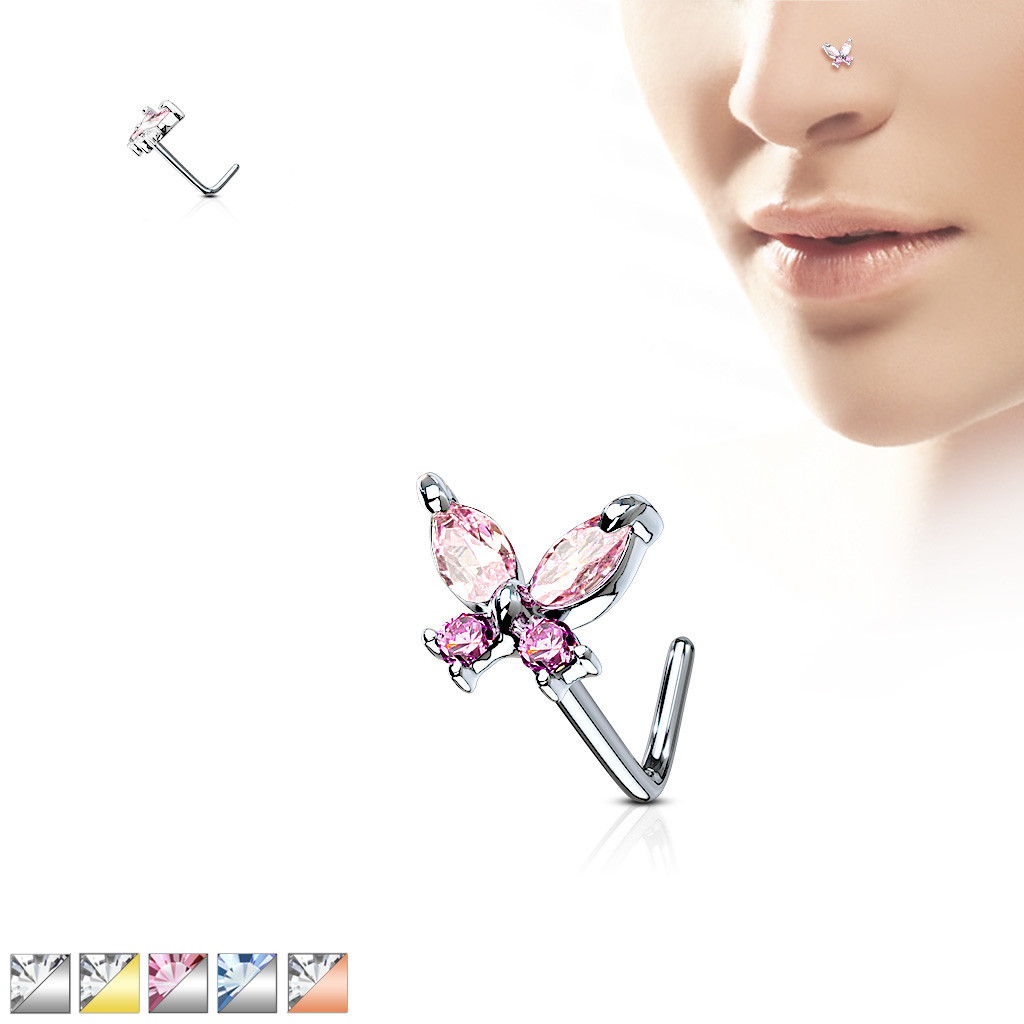 1pc CZ Gem Butterfly L-Bend 20g Nose Ring Stud Screw 316L Surgical Steel