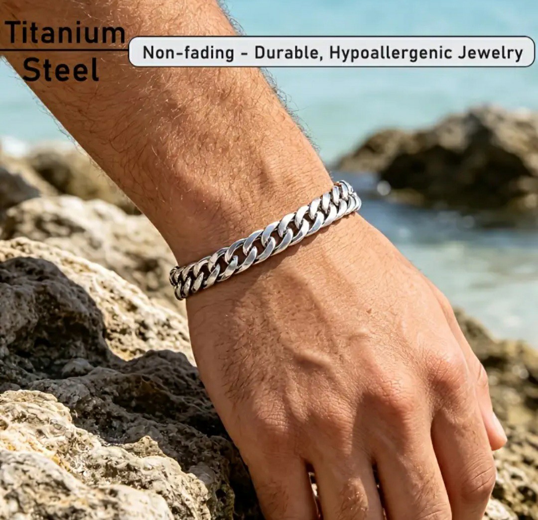 Men’s Titanium Steel Curb Link Chain Bracelet w/Box Clasp, 8mm, 8.26 Inch. NIB!