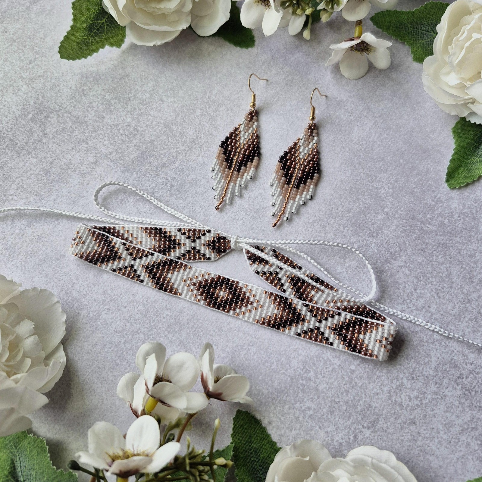 Brown and Gold Ukrainian Beaded Jewelry Set – Handmade Choker Necklace & Fringe