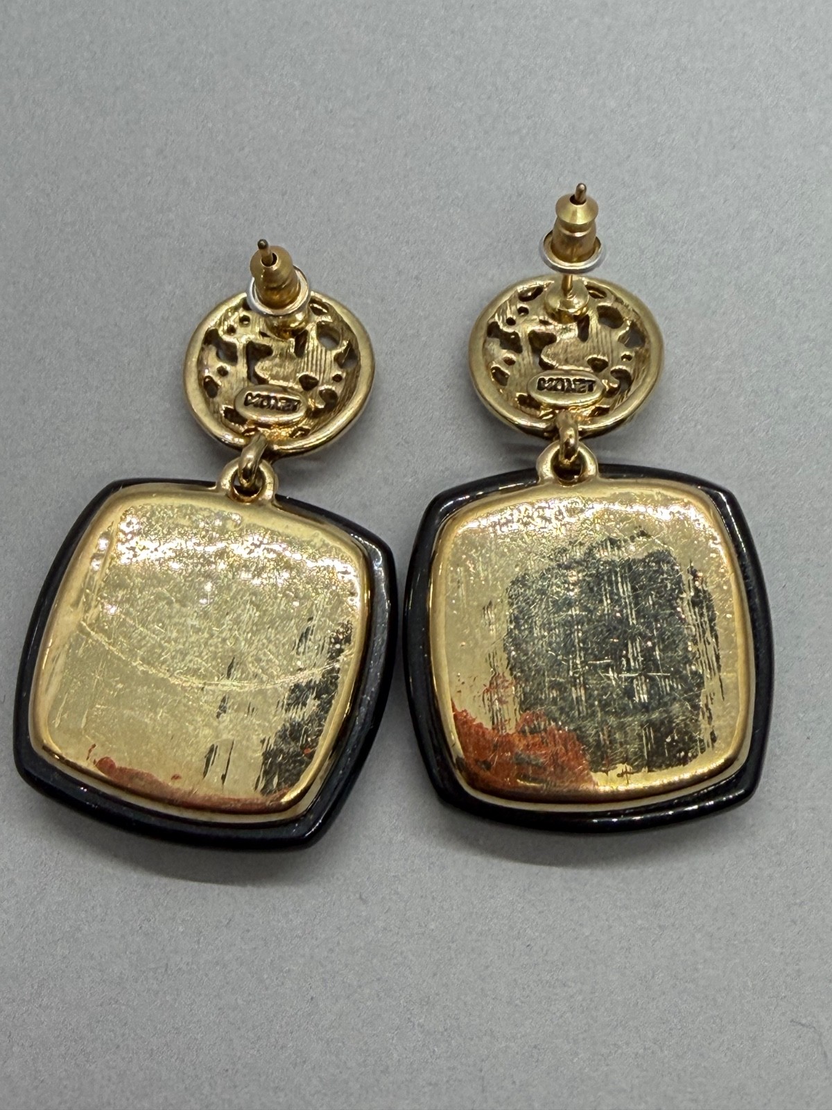 Monet Black and Gold Tone Scroll Design Post Dangle Earrings 1.50″