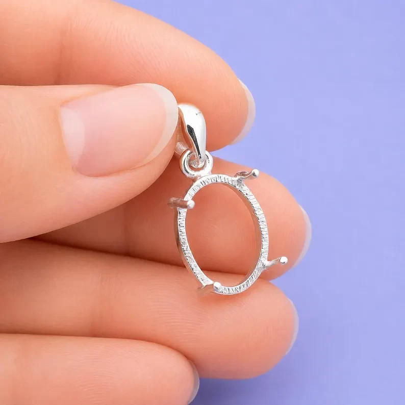 925 Sterling Silver 10x12mm Oval Prong Pendant Setting Handmade DIY Jewelry