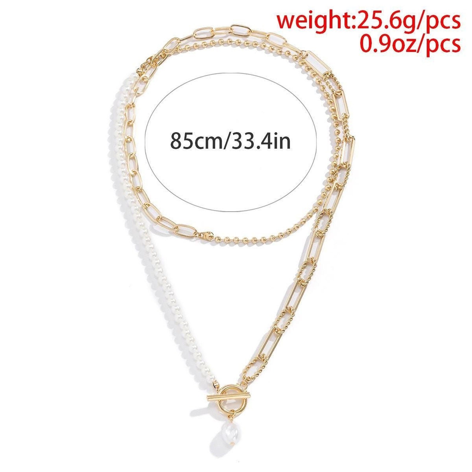 Layered Gold and Pearl Necklace: Paperclip Chain with Toggle Clasp (16-18″)