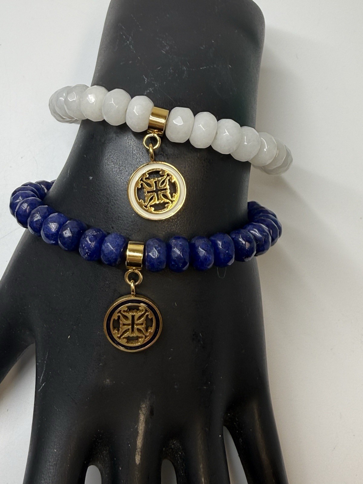 Rustic Cuff 2 Piece Blue & White Natural Stone Beaded Charm Bracelet Set New