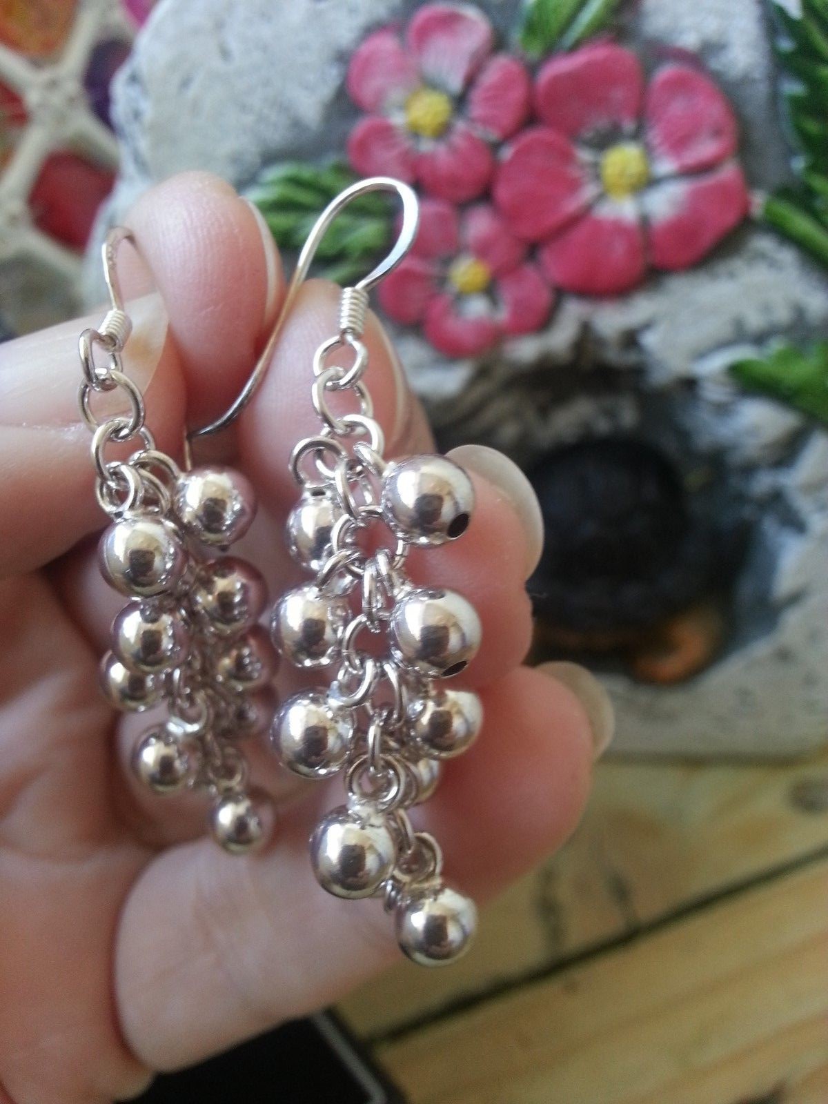 925 Cluster Round Balls Lariat Style Necklace & Drop Pierced Earrings