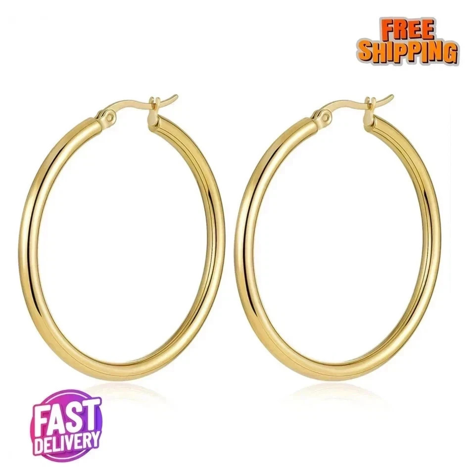 14K Solid Yellow Gold Hoop Earrings Polished Round Creole Hoops Multiple Sizes