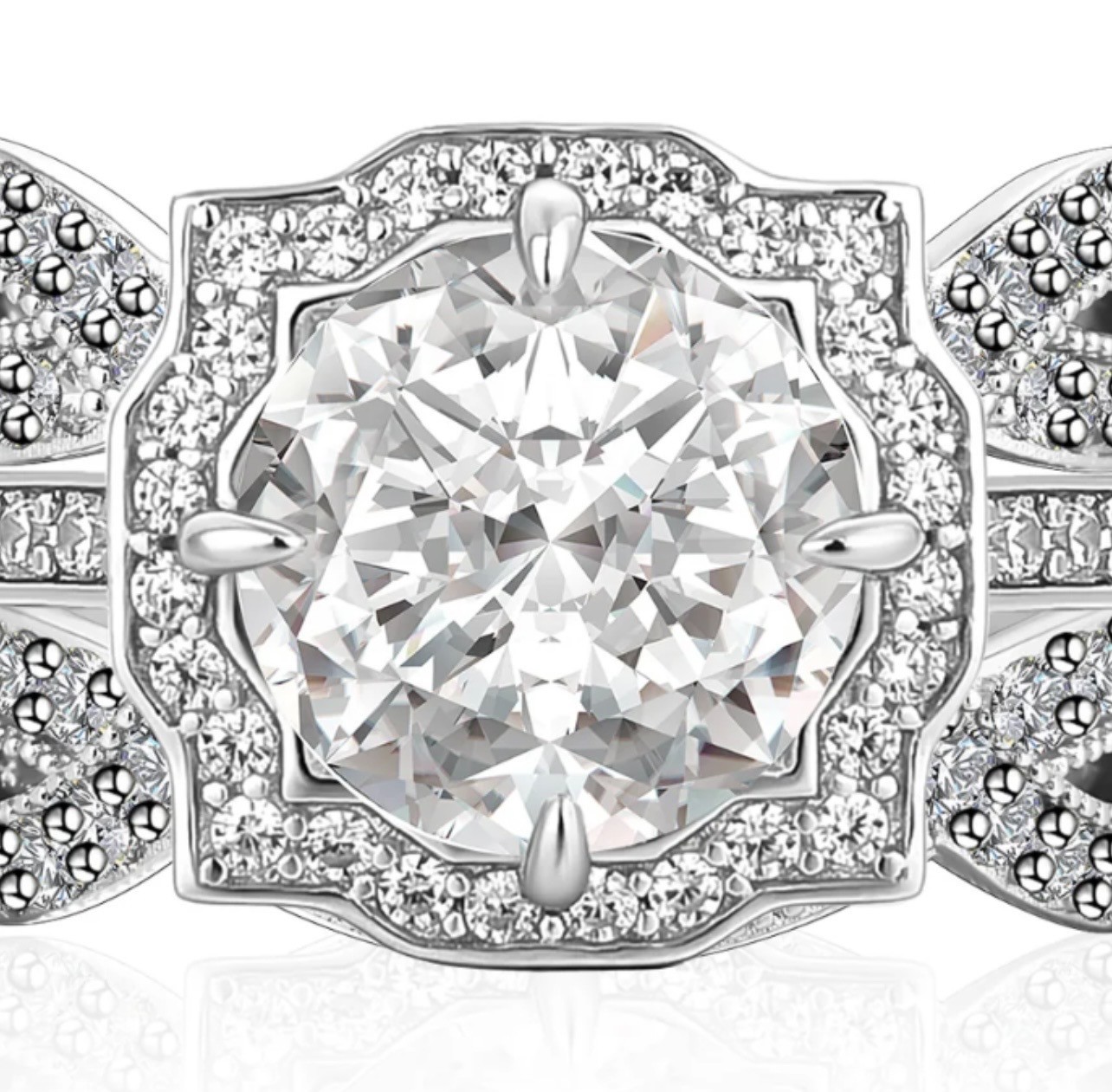 3.0Ct Halo Round Moissanite White Gold Engagement Ring & 1.65Ct Band Set Wedding