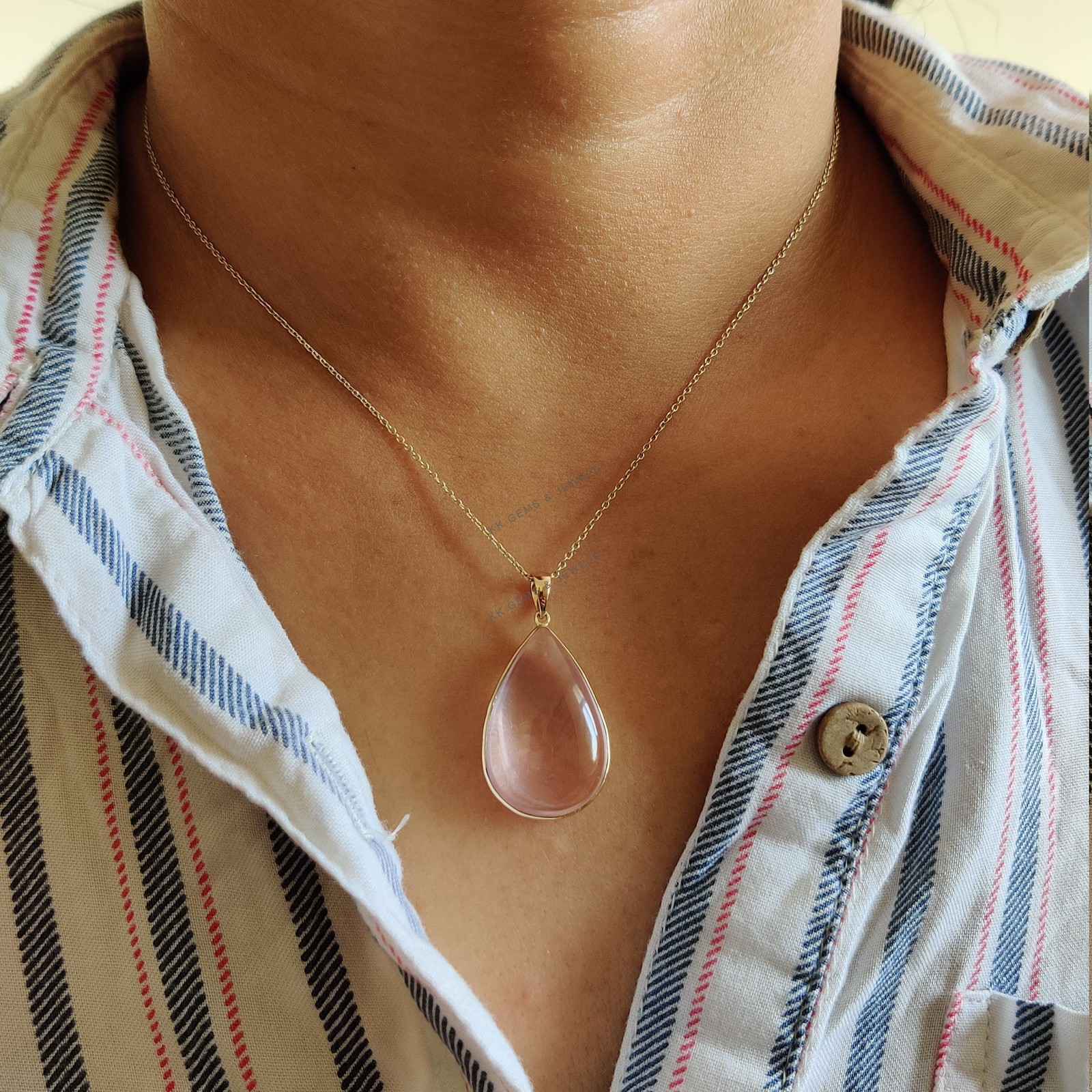 22.65ct Natural Rose Quartz Pendant 14K Gold Minimalist January Birthstone Gift