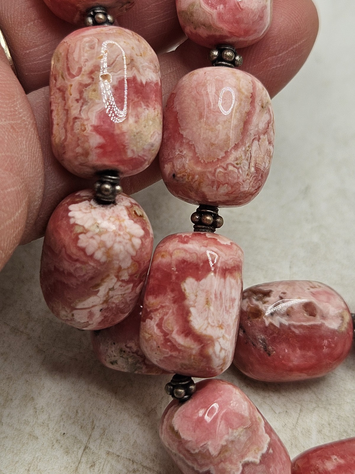 Hand Crafted Rhodochrosite Chunky Beaded Statement Necklace W/ Sterling…