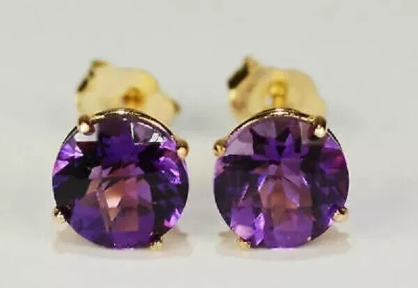 2Ct Round Cut Amethyst Solitaire Push Back Stud Earrings 14K Yellow Gold Finish