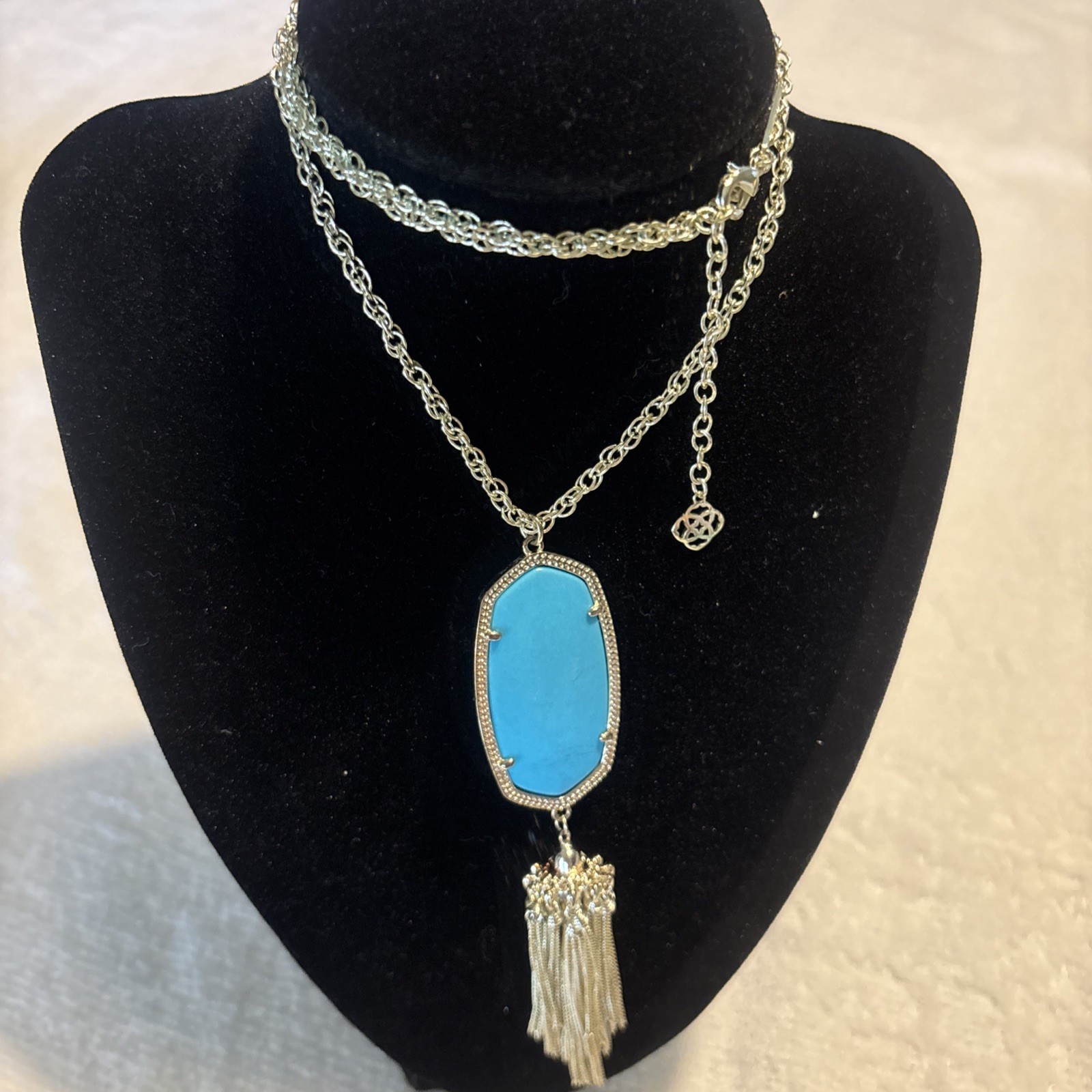 Kendra Scott Rayne Tassel Turquoise Magnesite Pendant Necklace Gold Tone 30”+Ext