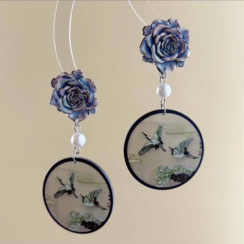 New Blue Rose Crane Earrings Chinese Earrings for Women