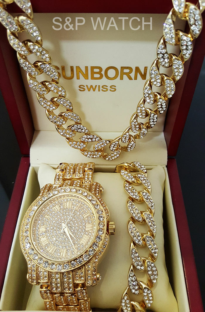 Hip Hop Iced Gold Plated Alloy Cubic Zirconia WATCH & Cuban Bracelet & Necklace