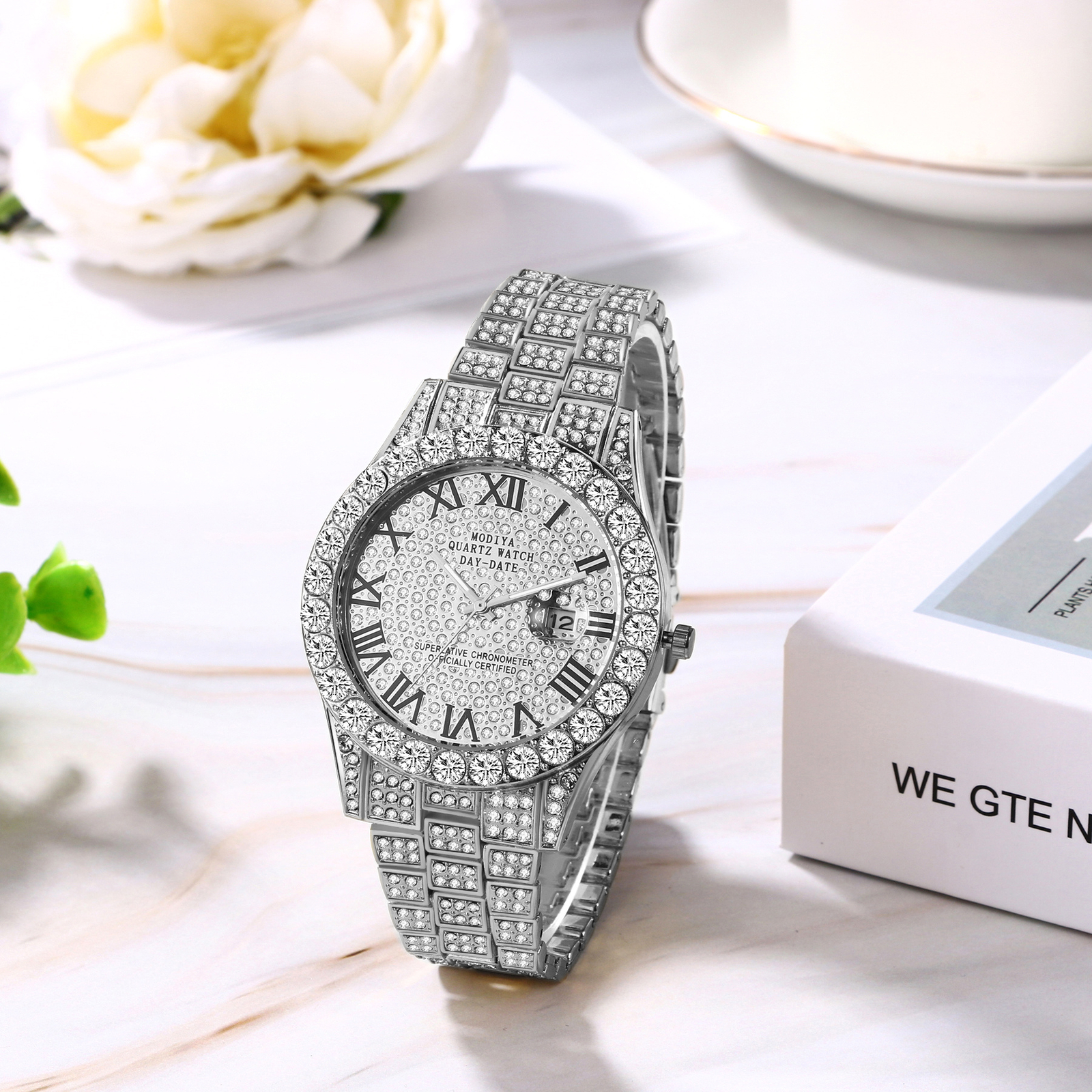 Hip Hop Men CZ Iced Round Stainless Steel Date Quartz Wrist Watch Cuban Bracelet