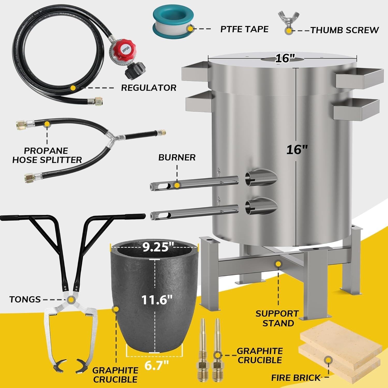 50KG Propane Melting Furnace Kit 2600℉ Stainless Steel for Gold Silver Copper