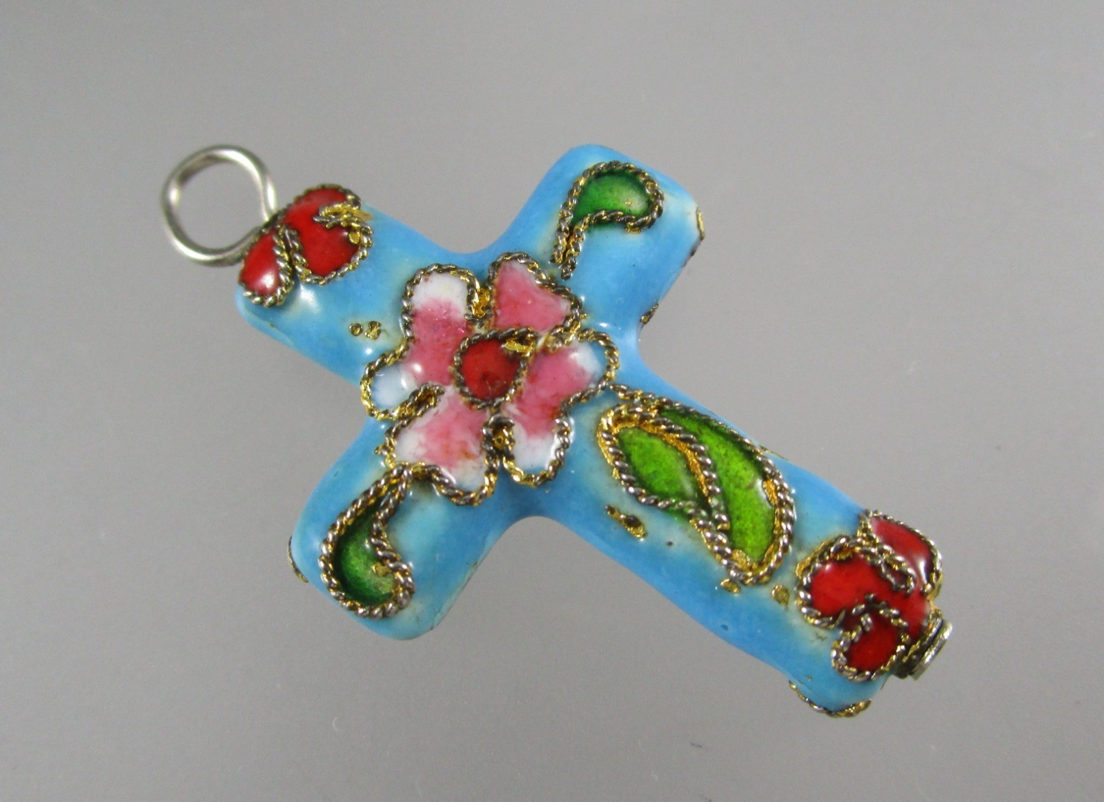 Vintage Cloisonne Blue Red Green Floral Enamel CROSS Pendant for Necklace 1046
