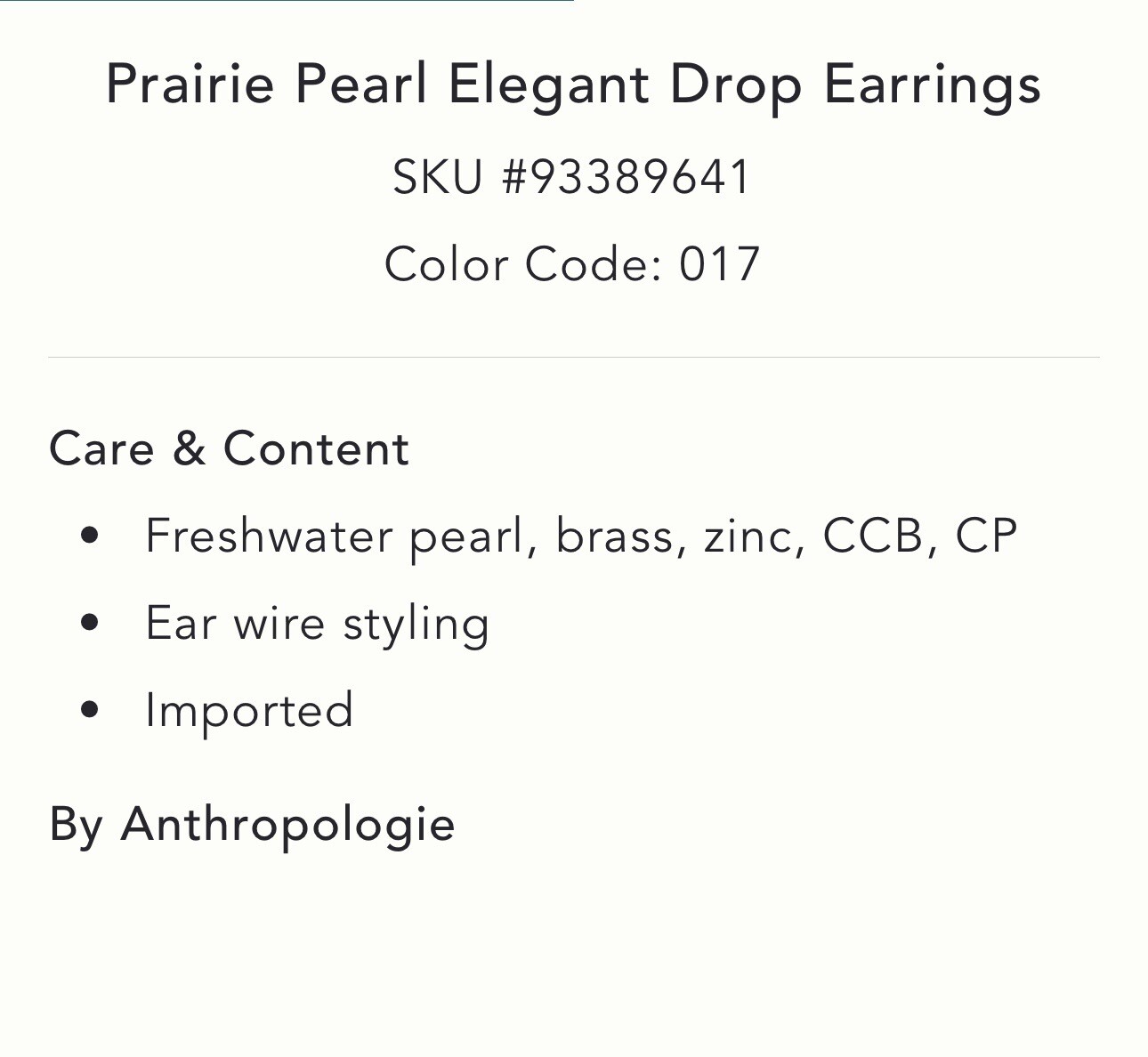 Anthropologie Prairie Pearl Elegant Drop Earrings