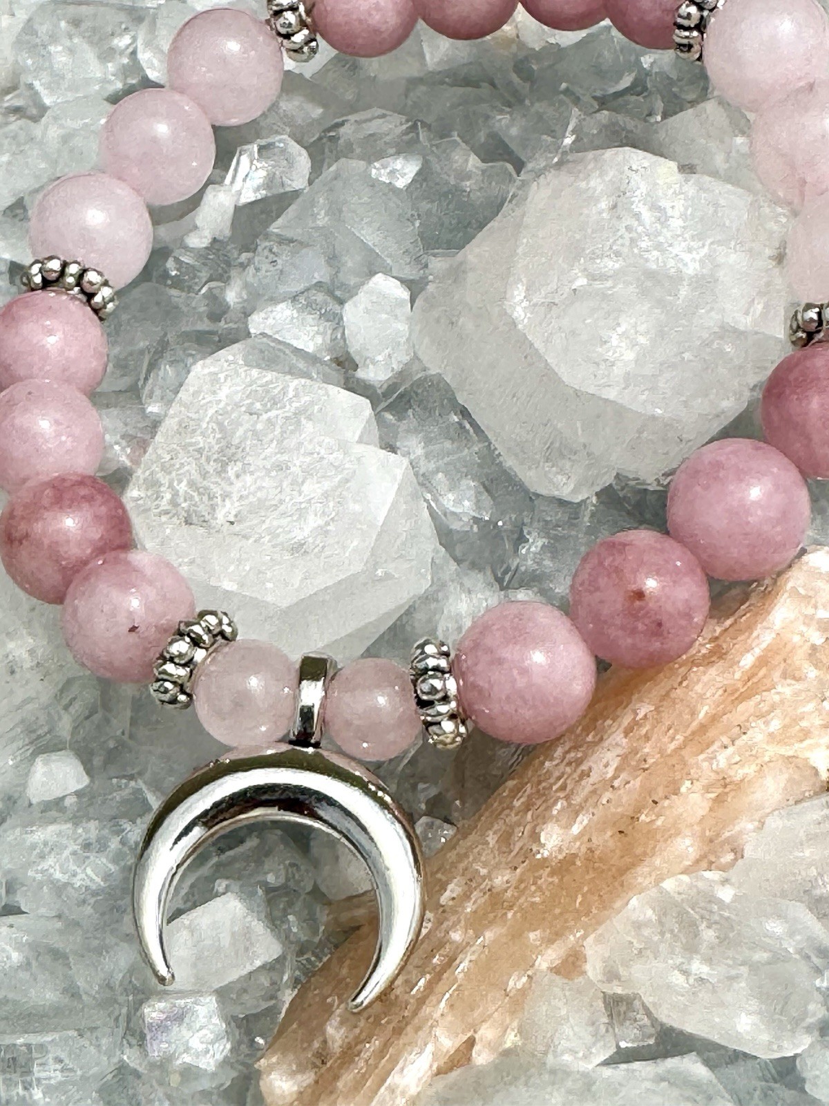 High Quality Kunzite And Rose Quartz Bracelet With Silver Plated Crescent Moon