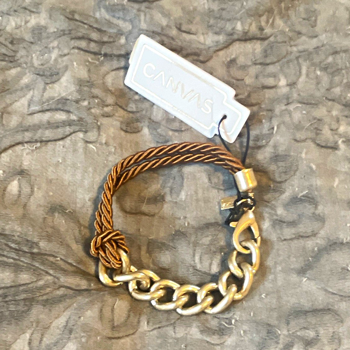Canvas Gold-Tone Cable Chain & Brown Cord Bracelet with Clasp Signed No Stone