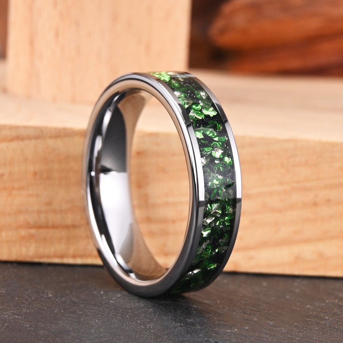 6MM Width Green & Clear Crystal Inlay Wedding Ring Tungsten Carbide Promise Ring