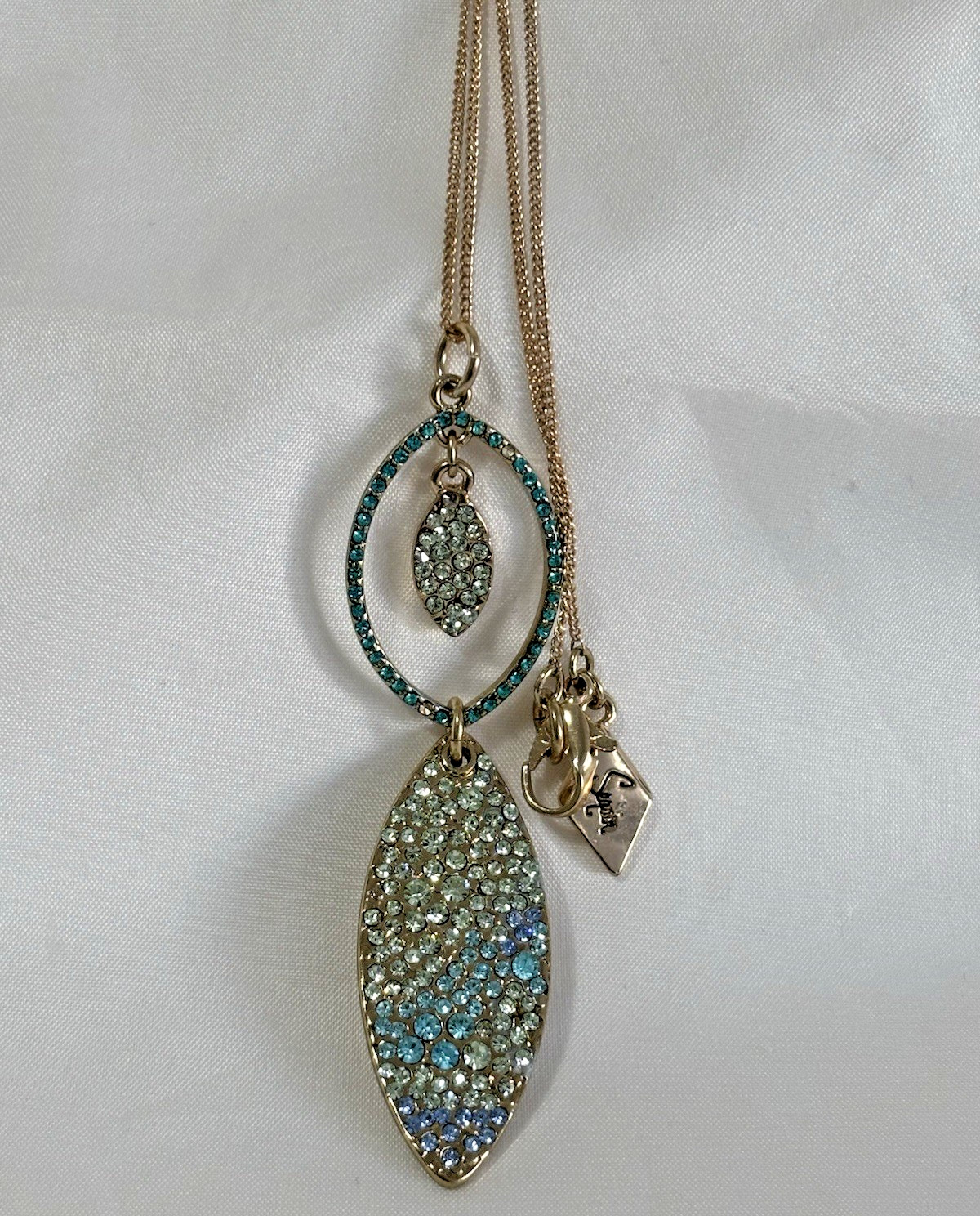 “Sequin” Blue Rainbow Crystal Pave Oval Double Drop pendant Necklace 32″