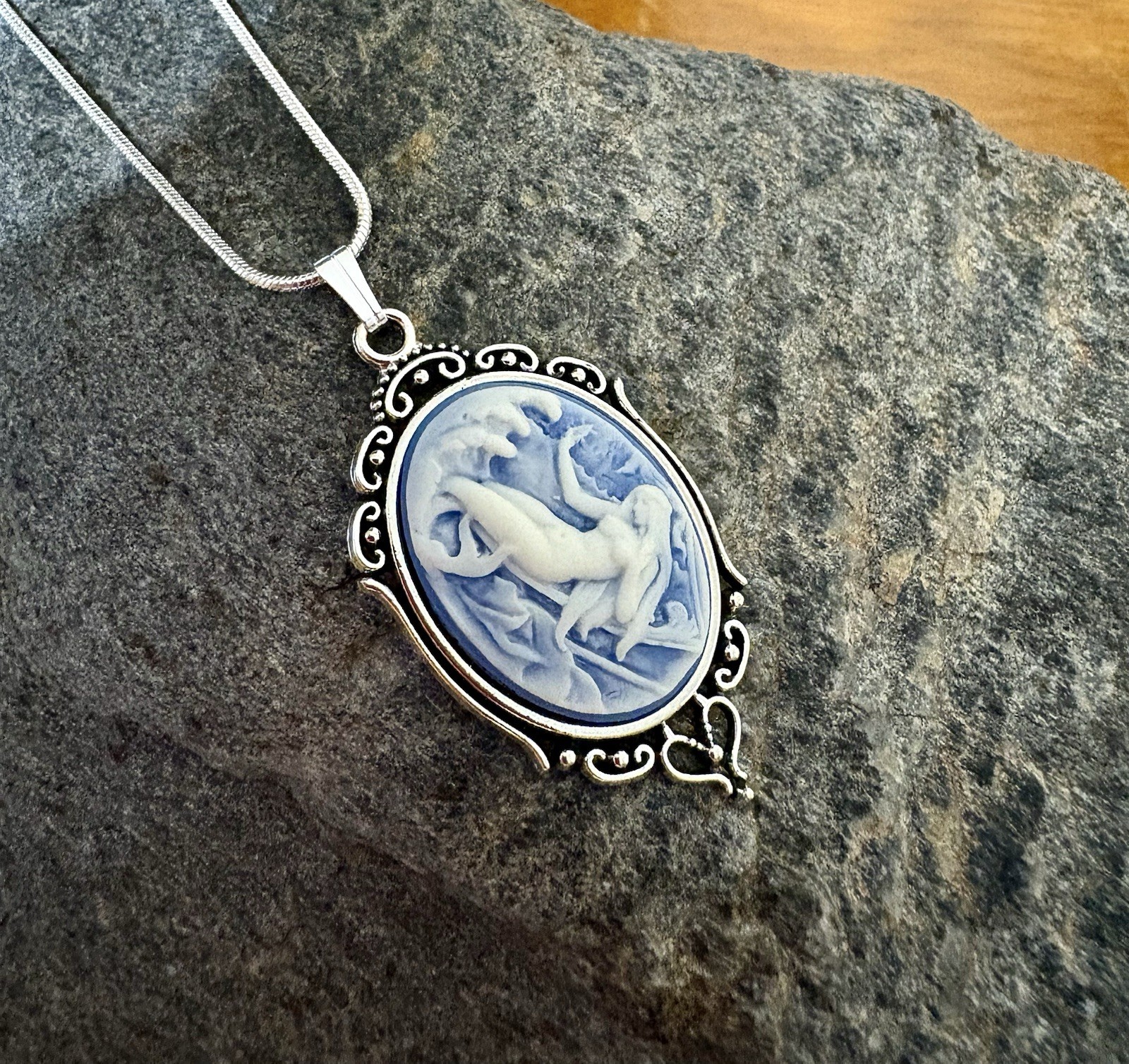 Mermaid Necklace Wedgwood Blue colored Cameo Vtg Pendant, Sterling Silver Chain