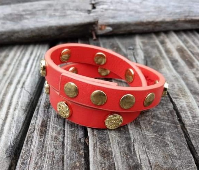 Rustic Cuff Bracelet Orange Leather Meagen Double Wrap Gold Retired RC Logo Snap