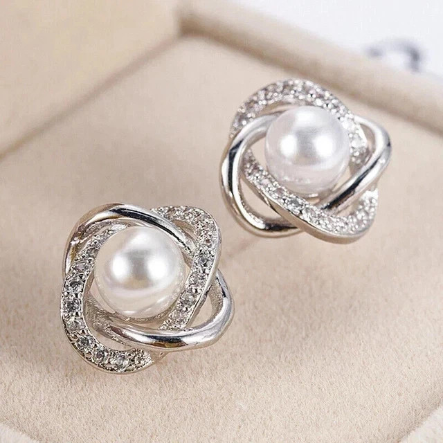 Natural Pearl 3Ct Round Cut Women Charm Halo Stud Earrings White Gold Plated