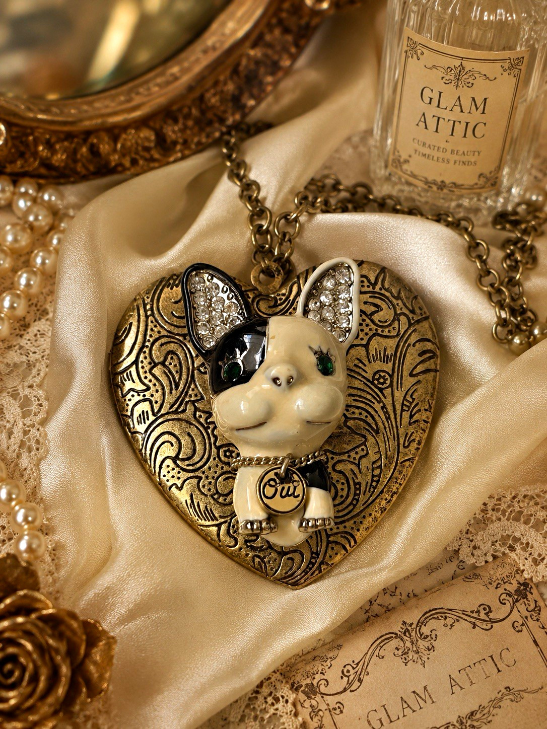 Betsey Johnson Enameled French Bulldog Dog Heart Locket Charm Necklace Signed