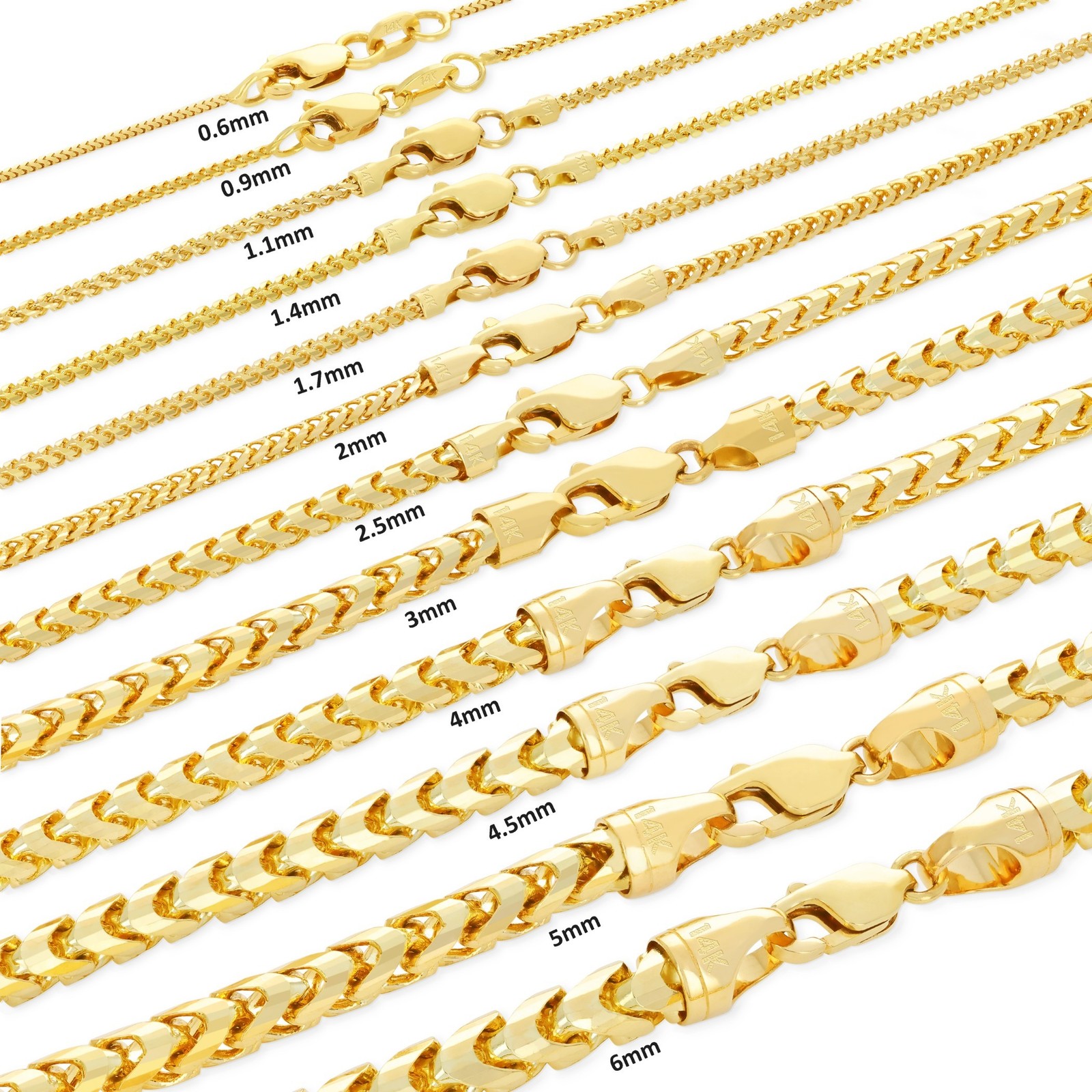 14K Yellow Gold Solid Franco 1.1mm-6mm Diamond Cut Spiga Chain Bracelet 7″ 8″ 9″