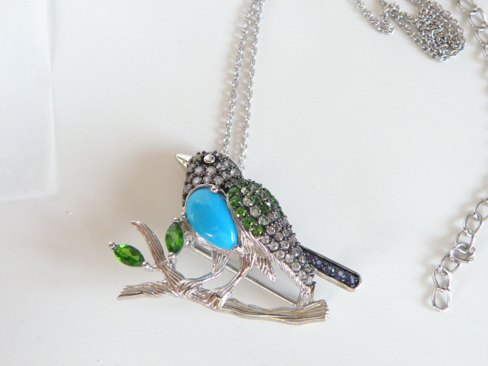 Victoria Wieck Sterling Silver 925 Turquoise Gemstone Bird Brooch Slide Necklace