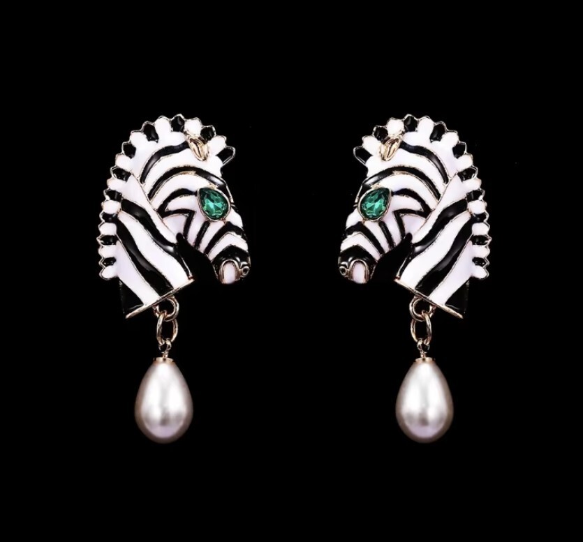 Gold Alloy Enamel Zebra Head Earrings with Green stones and Simulated Pearls