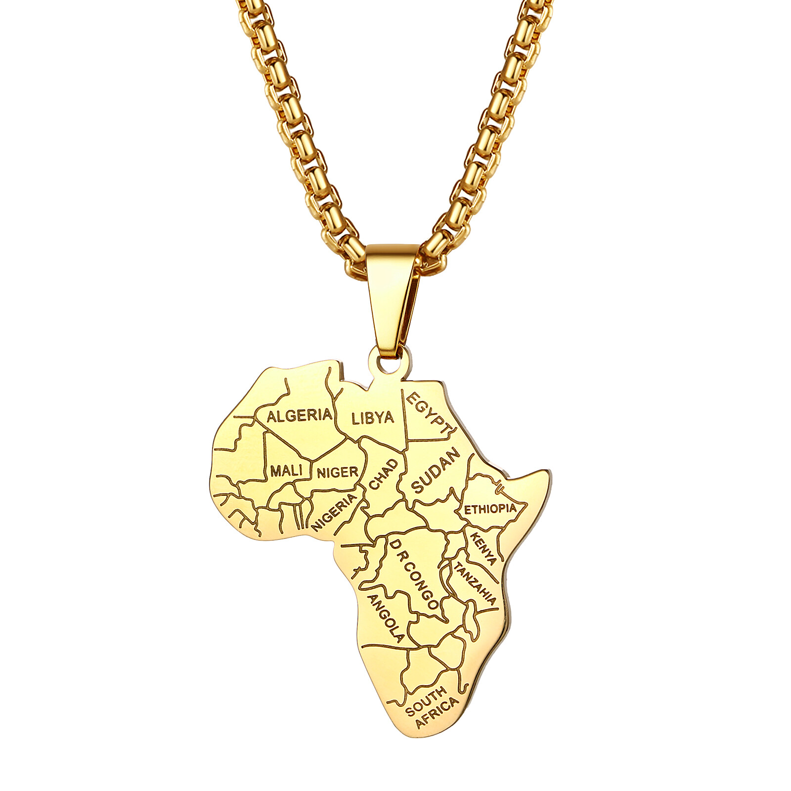 Africa Continent Map Pendant Necklace for Men Women Stainless Steel Box Chain