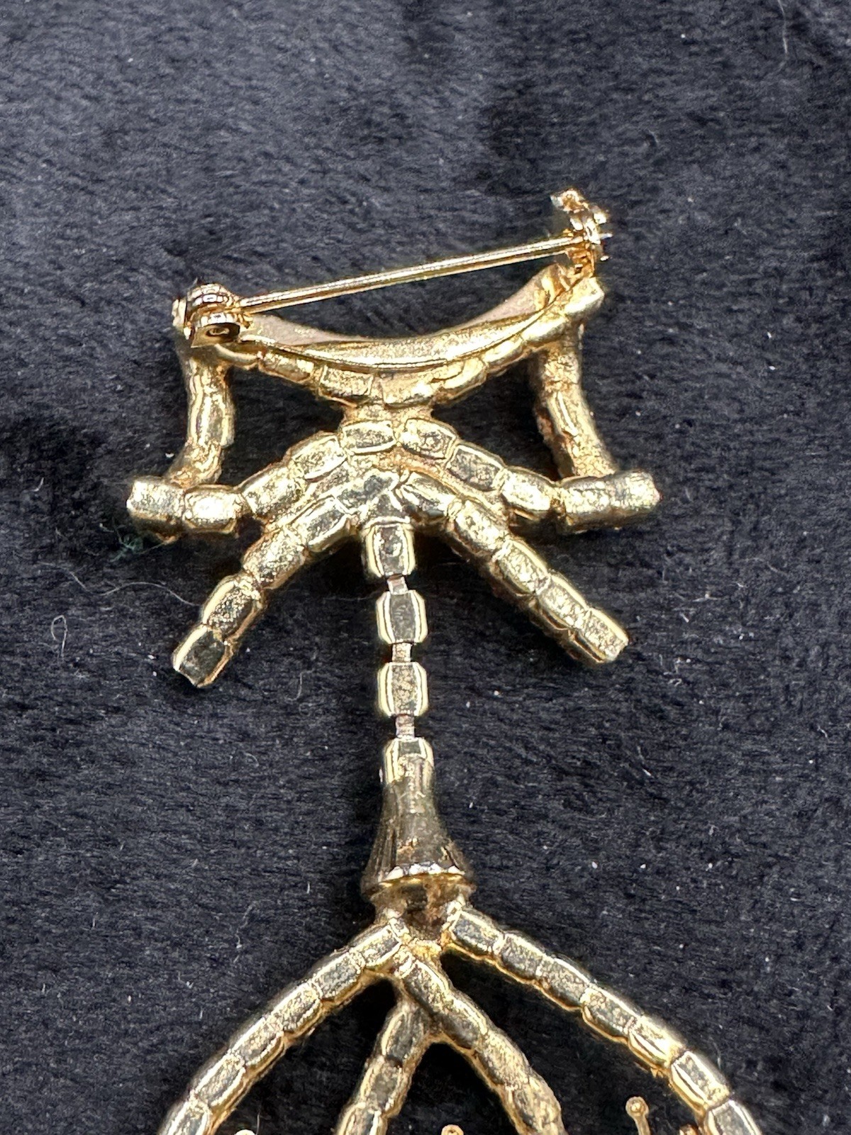 Vintage Dangling Christmas Ornament Brooch Gold-tone Red Green Clear Rhinestones