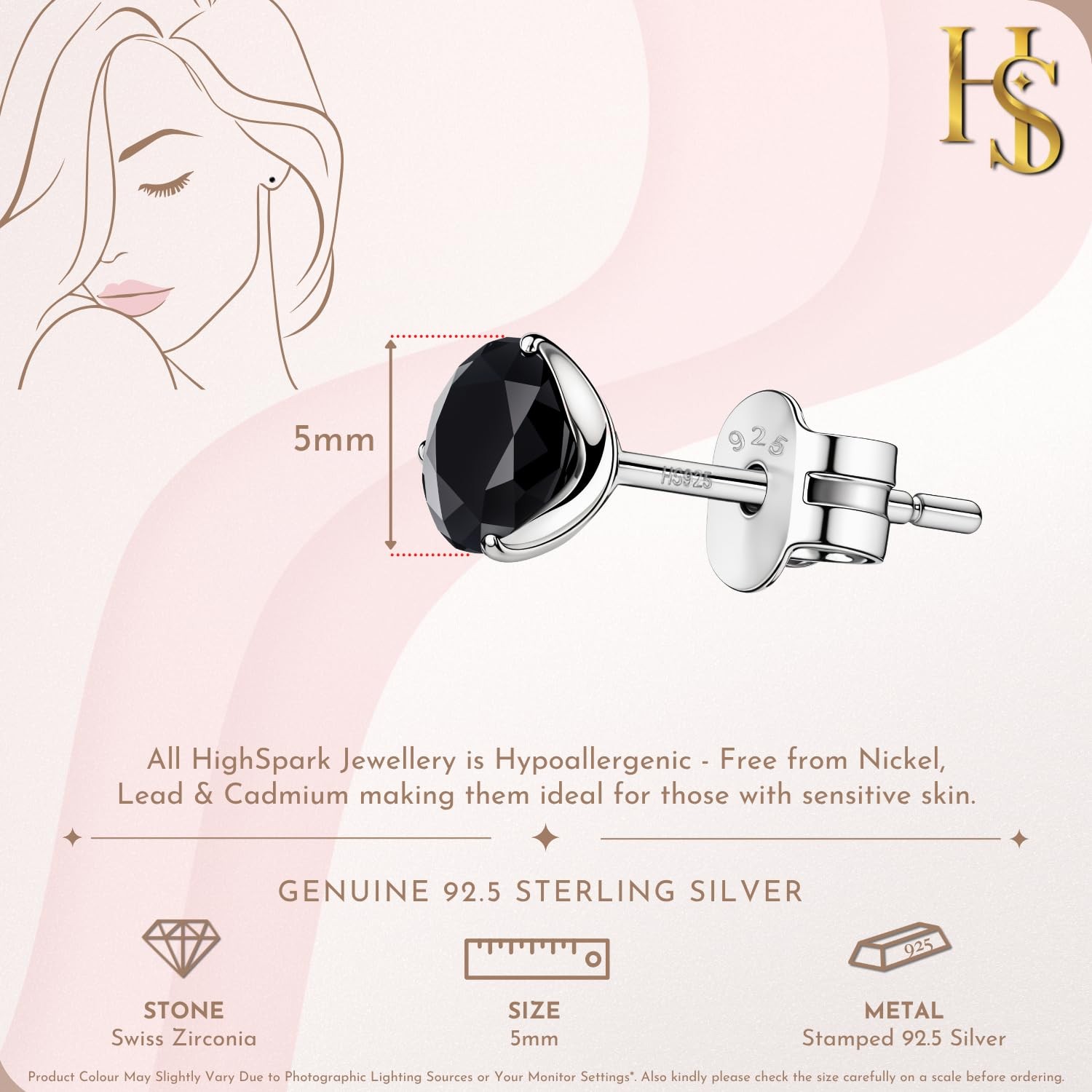 925 Silver “Martini Style” Black Solitaire Stud Earrings 92.5 Sterling Silver