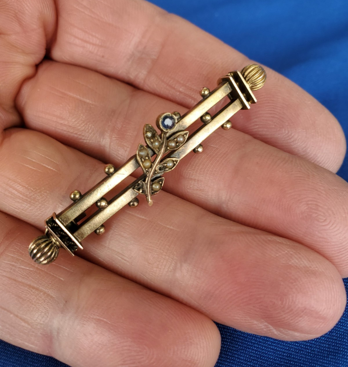 Original VICTORIAN SAPPHIRE PEARL Deco BROOCH 9K GOLD 4.2 GRAMS 2″ INCH Vintage