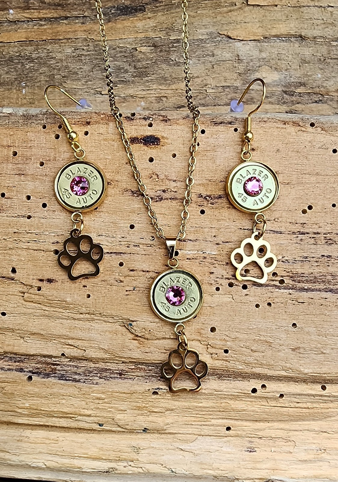 Gold Stainless Bullet Necklace and Earrings with Paw Charms. Optional Color