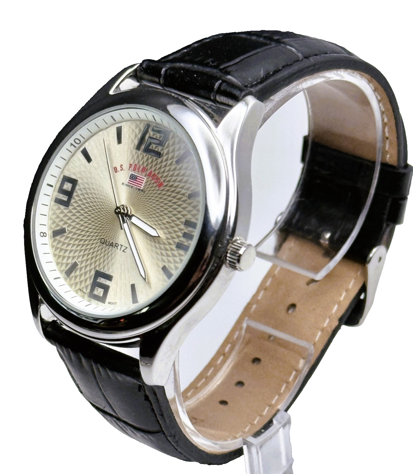 U.S. POLO ASSN. US5131 FANCY GOLD/SILVER DIAL BLACK LEATHER BAND MENS WATCH~NWOT