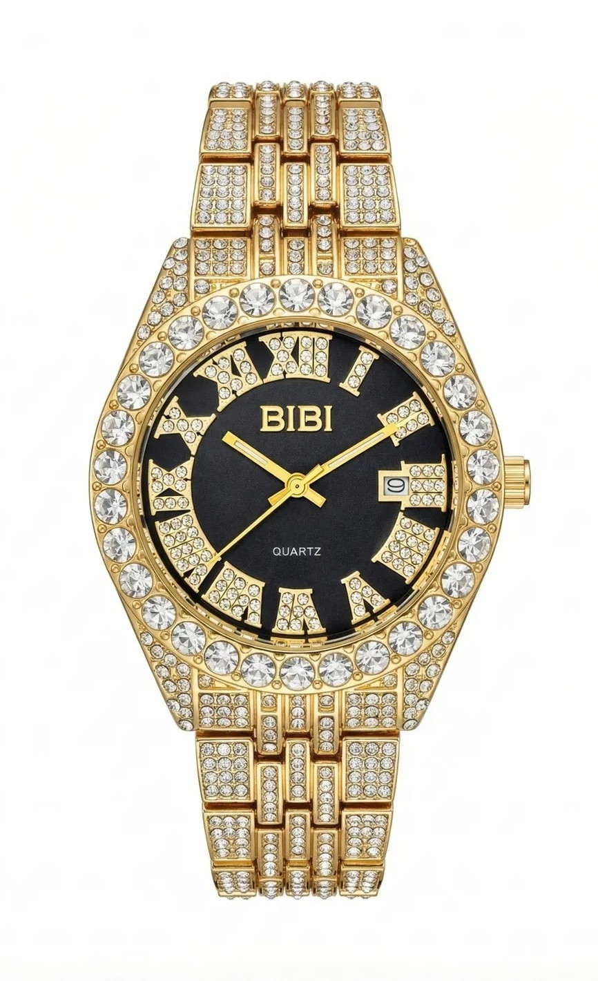 BIBI Luxury Watch B0081 Black Dial, Gold Tone Iced Out Crystals Case & Bracelet