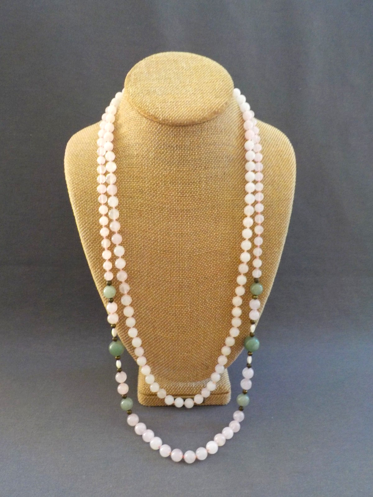Light Pink Quartz & Green Stone (2) Single Strand Necklace Knotted Bead No Clasp