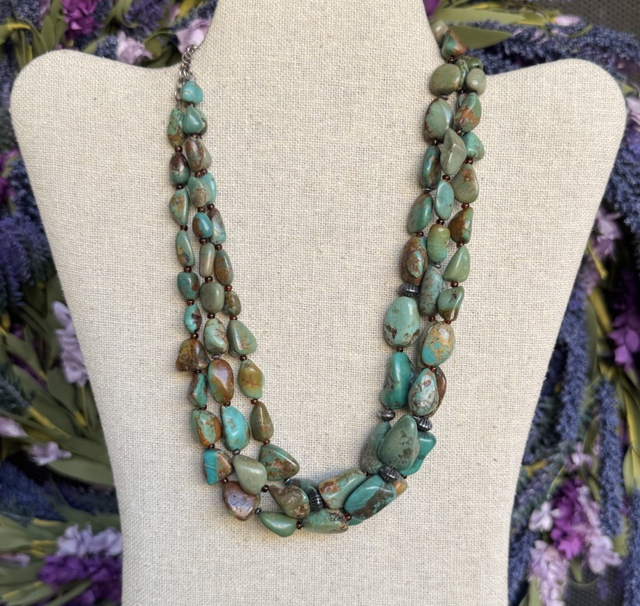 Peyote Bird 3-Strand Natural Turquoise 925 Sterling Silver Layered Necklace 114g