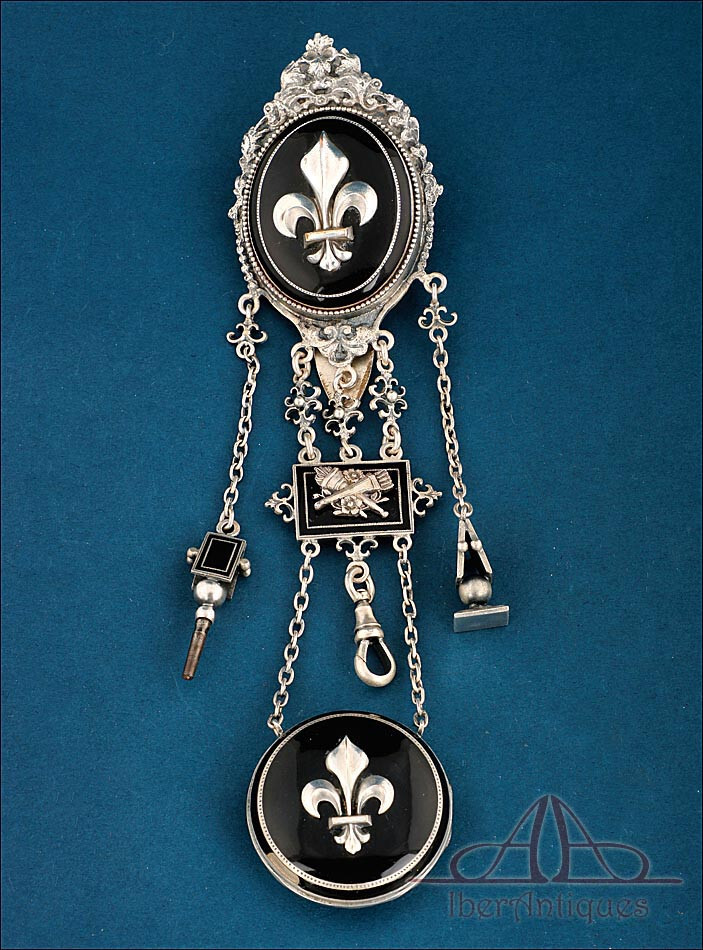 Antique French Chatelaine Silver-Plated Metal and Enamel. France, Circa 1840